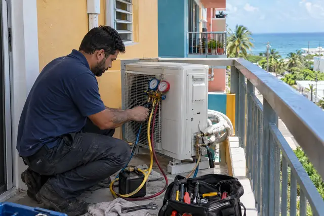 Un técnico de aire acondicionado dándole servicio a una unidad en un balcón frente al mar.