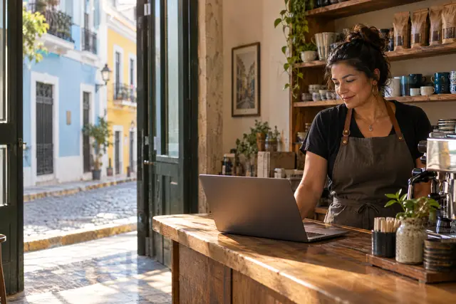 La dueña de un café trabajando en su laptop detrás del mostrador, con una calle colorida afuera.
