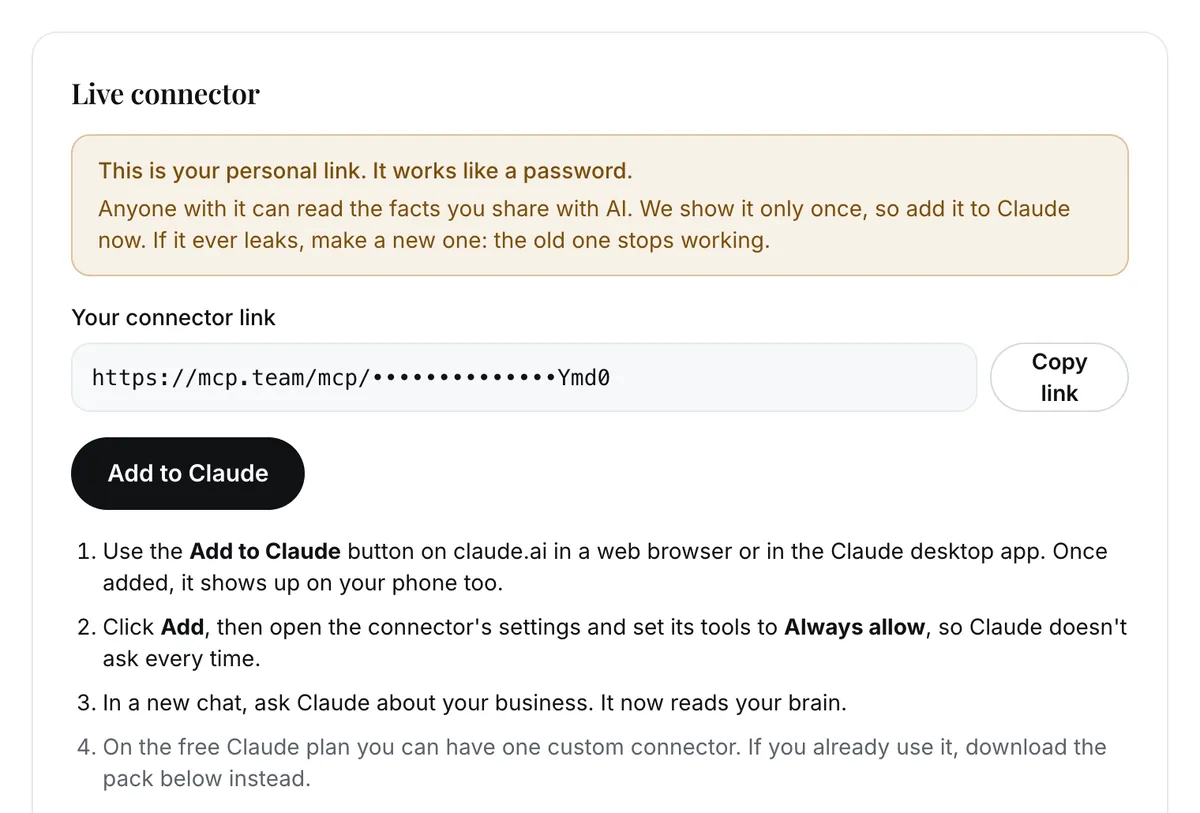 The connect screen: a notice saying this is your personal link and it works like a password, the link field with most of the link hidden, a Copy link button and an Add to Claude button.