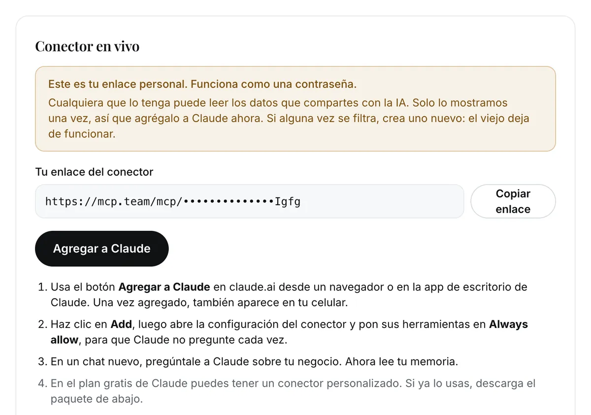 La pantalla de conexión: un aviso que dice que este es tu enlace personal y funciona como una contraseña, el campo del enlace con casi todo escondido, el botón Copiar enlace y el botón Agregar a Claude.