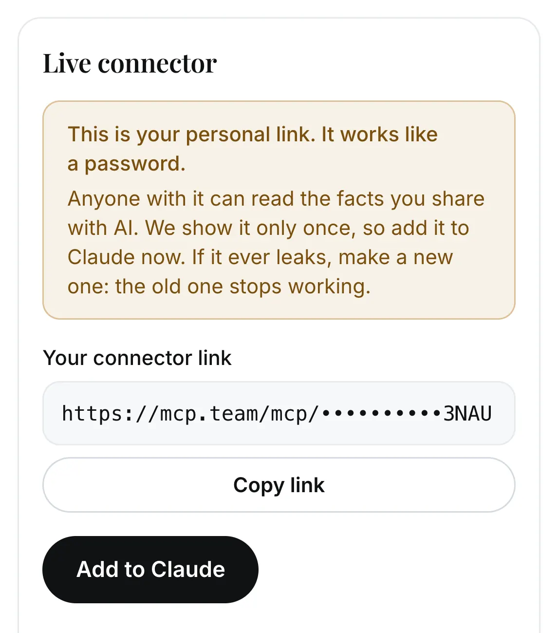 The connect screen: a notice saying this is your personal link and it works like a password, the link field with most of the link hidden, a Copy link button and an Add to Claude button.