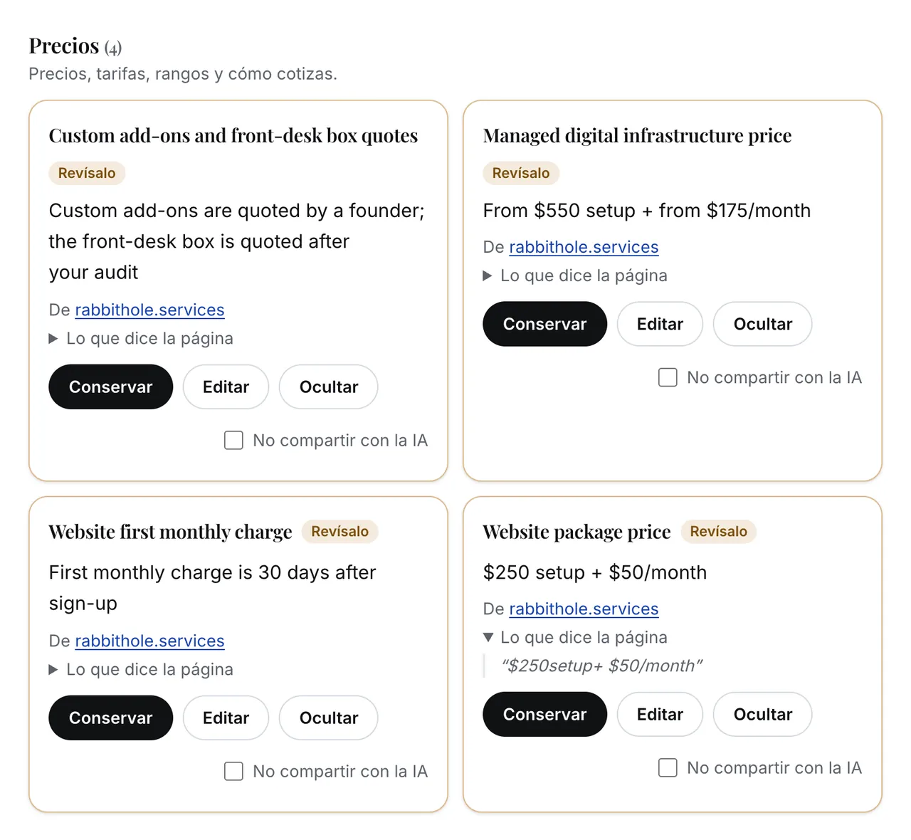 La pantalla de revisión: cuatro precios de rabbithole.services, cada uno marcado Revísalo, con su página de origen y los botones Conservar, Editar y Ocultar. El último está abierto y muestra las palabras de la página, “$250setup+ $50/month”.