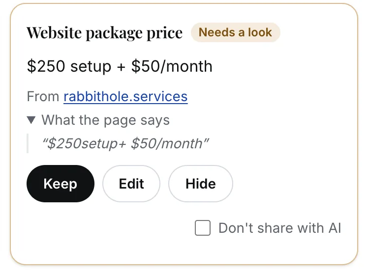 A price on the review screen: Website package price, $250 setup + $50/month, marked Needs a look, from rabbithole.services, open to show the words on the page, “$250setup+ $50/month”, with Keep, Edit and Hide buttons.