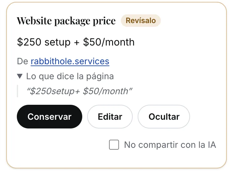 Un precio en la pantalla de revisión: Website package price, $250 setup + $50/month, marcado Revísalo, de rabbithole.services, abierto para mostrar las palabras de la página, “$250setup+ $50/month”, con los botones Conservar, Editar y Ocultar.