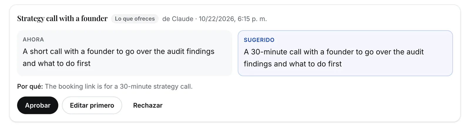Una tarjeta de sugerencia: Strategy call with a founder, de Claude. Ahora: A short call with a founder to go over the audit findings and what to do first. Sugerido: A 30-minute call with a founder to go over the audit findings and what to do first. Por qué: The booking link is for a 30-minute strategy call. Botones: Aprobar, Editar primero, Rechazar.