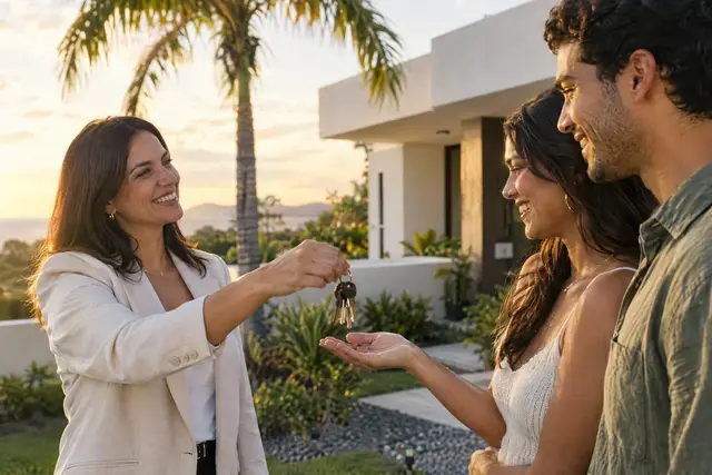 Una agente de bienes raíces entregándole las llaves de una casa a una pareja joven.